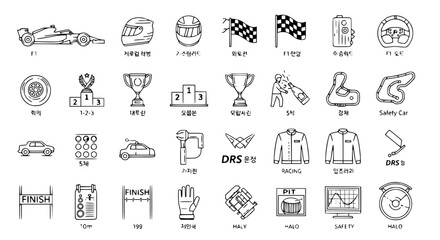 Formula One Racing Icon Set - F1 Car, Helmet, Checkered Flag, Trophy, DRS System, Safety Car, Pit Stop, Racing Track, Championship Vector Icons for Motorsport Design Projects