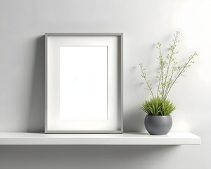 Modern interior decor featuring a minimalistic frame and a potted plant on a sleek shelf