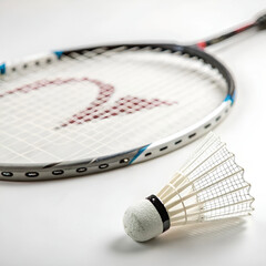 A close-up view of a badminton racket, isolated on a clean white background.