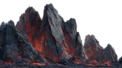 Imposing volcanic peaks with intense glowing orange lava isolated on transparent background