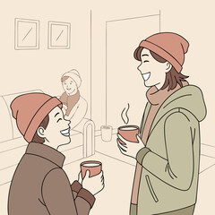 Three friends enjoying hot drinks by the fireplace in a cozy room with warm lighting and happy smiles