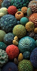 Close-up view of many colorful, textured spheres, densely packed
