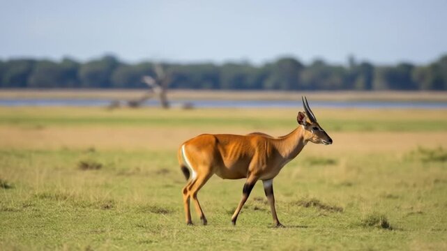 Puku deer wander in lush wetland, perfect for wildlife magazines, nature blogs, environmental campaigns, educational materials, and conservation websites.