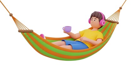 Man relaxing in hammock with headphones and a drink