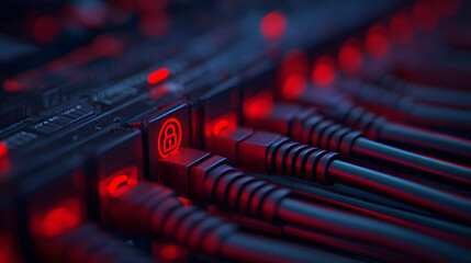 Close-up of illuminated cables and ports on a network device, showcasing a high-tech digital environment.