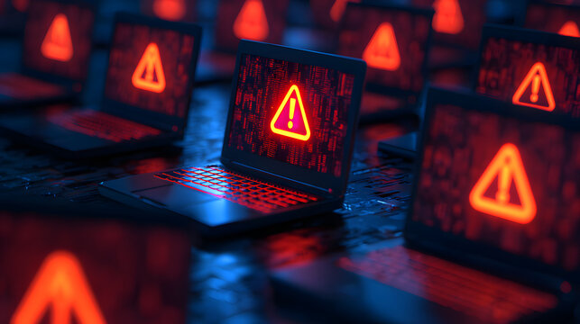 Laptops displaying warning symbols in a dark environment, suggesting cybersecurity threats or system errors.