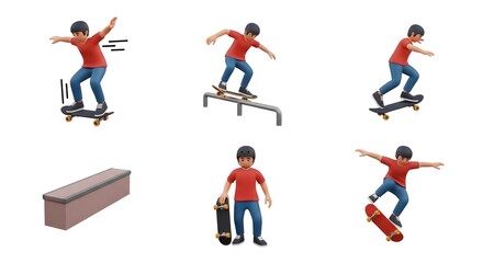 Skateboarder doing tricks on skateboard in various poses