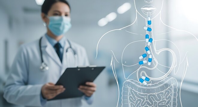 Doctor with patient chart and digital illustration of digestive system with capsules