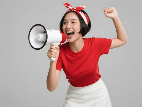 An enthusiastic Indonesian woman wearing a red t-shirt and a knee-length white skirt, passionately holding a medium size white megaphone expressing happiness of indonesia Independence Day.