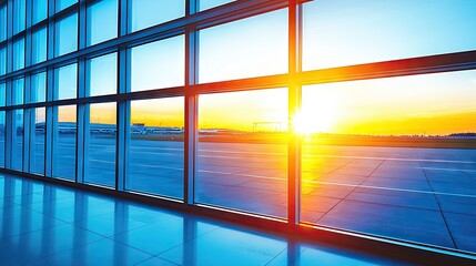 Airport Terminal Window View at Sunrise with Runway and Airfield