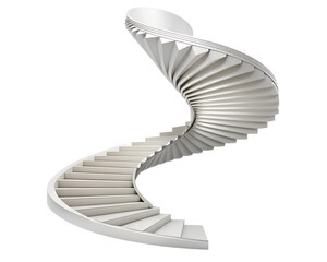 Modern white spiral staircase curving upwards against a transparent background