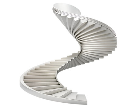 Modern white spiral staircase curving upwards against a transparent background
