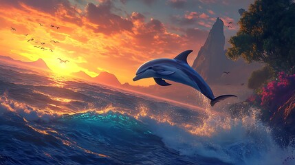 Fototapeta premium Golden light hits dolphin mid jump ocean wave high resolution picture