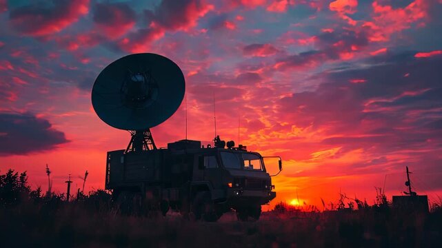 video of Silhouette of a mobile air defense vehicle with radar antenna at sunset, featuring satellite dishes or radio antennas against an evening sky