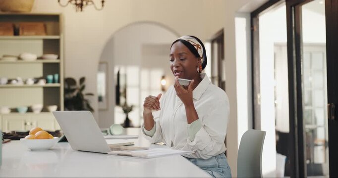 Black woman, laptop and speaker with phone in home for discussion, audio message or conversation. Female person, freelancer or remote work with mobile smartphone or computer for voice note in house