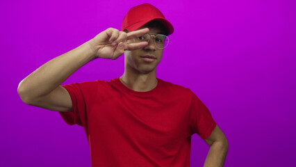 Young man wearing glasses and red cap in red shirt holds two fingers in v sign gesture in purple...