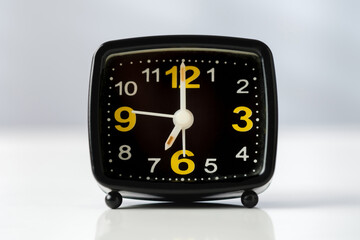 Black Alarm Clock with Yellow Numbers on White Background