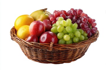Brown Wicker Basket Filled with Red and Green Grapes Yellow Lemons and Red Plums Pears on White Background