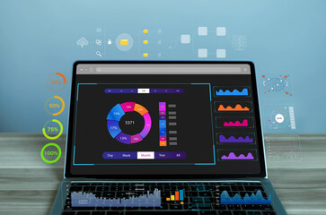 Business analysts use computers and dashboards to analyze data and metrics connected to databases...