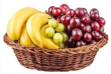 Brown Wicker Basket Filled with Ripe Yellow Bananas and Clusters of Red and Green Grapes on White Background