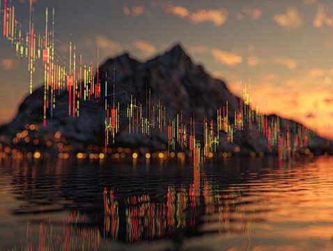 Financial chart overlaid on a sunset coastal scene