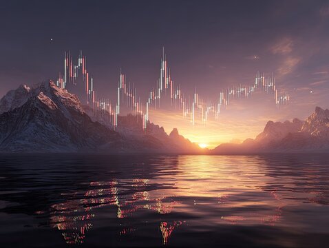 Sunrise over mountains, reflected in still water, with financial chart overlay