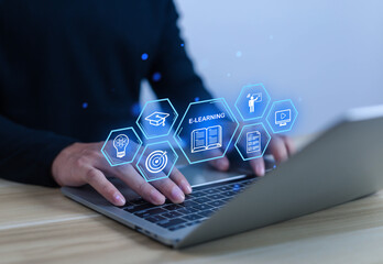 Man using virtual screen, Online education concept, Choose the correct answer, Online digital technology concept, Online learning training course, Digital