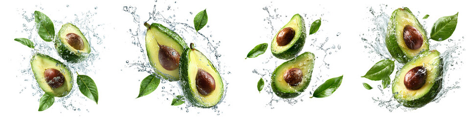 Fresh avocado halves with water droplets isolated on transparent background