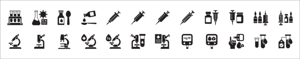 Health and medical icon set. Laboratory icon collection. Medication and drug icons. Contain icon of pharmacy, microscope, lab, prescription, vitamin, syrup, blood test, injection. Vector illustration