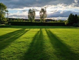 Obraz premium Long shadows on a grassy field at sunset