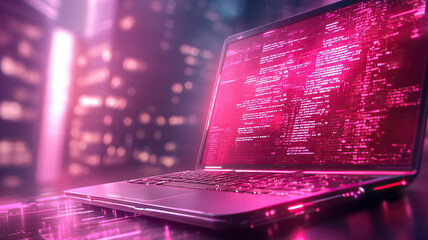 Vibrant laptop displaying glitching screen filled with code, set against cyberpunk city backdrop, evokes sense of digital innovation