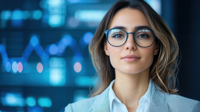 Confident professional woman glasses stands modern corporate environment, with digital graphs and data background, showcasing innovation - Powered by Adobe