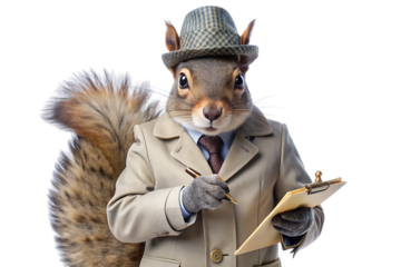 A squirrel wearing a trench coat and fedora hat holds a pen and clipboard isolated on a transparent background