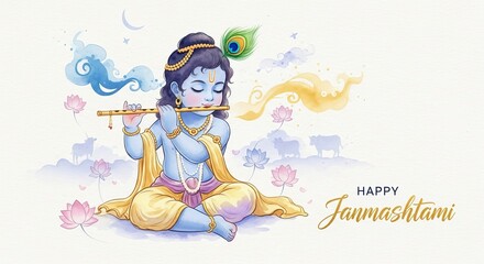 Fototapeta premium Beautiful Artwork of Lord Krishna Playing Flute with Spiritual Vibes