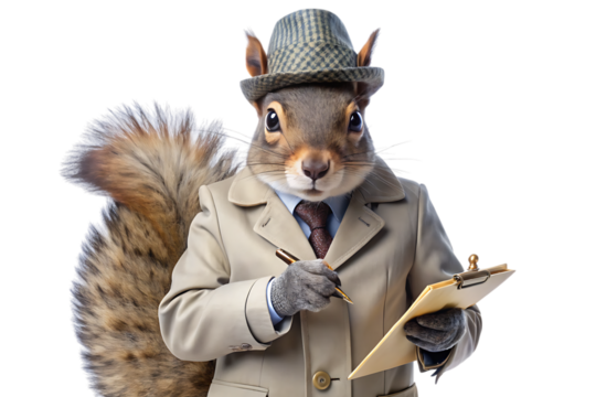 A squirrel wearing a trench coat and fedora hat holds a pen and clipboard isolated on a transparent background