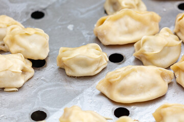 A tray of dumplings is sitting on a counter