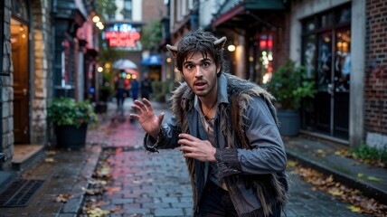 Obraz premium Scared Young Man in Fur Coat Running Down Cobblestone Street in European City
