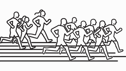 Line art illustration of a group of runners sprinting on a track in a race competition event