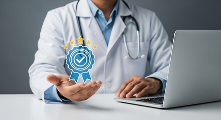 Doctor with quality award symbolizing excellent healthcare and patient satisfaction