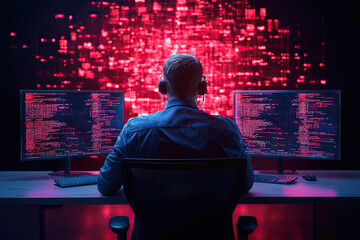 Person working on multiple computer screens displaying code and data in dark environment, creating high tech atmosphere
