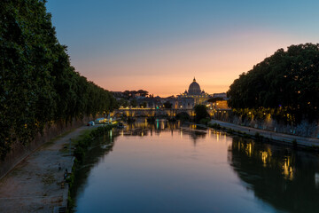 View of the River Tiber and Rome at dusk