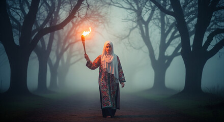 A determined woman in traditional clothing holding a flaming torch, guiding her way through a dark and foggy forest path.
