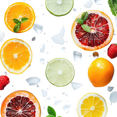 Colorful citrus slices and berries, scattered on black background, with water droplets