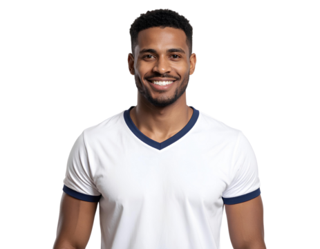 Young volleyball player wearing white shirt and smiling, isolated on transparent background.