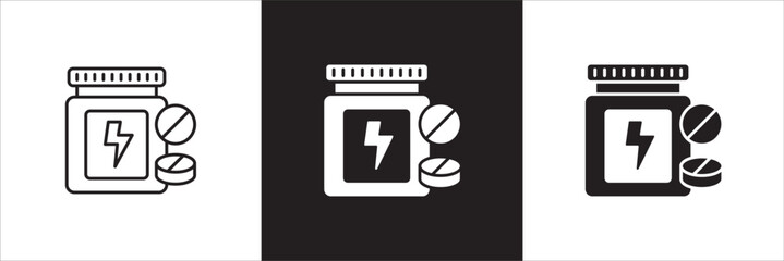 Medicine and bottle icon. Drug icon. Icon symbol for medication, pills, tablet, vitamin, supplement, antibiotic, prescription, capsule. Vector illustration