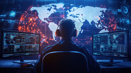Focused individual in dark corporate war room analyzes data on multiple glowing screens, with world map illuminated in background