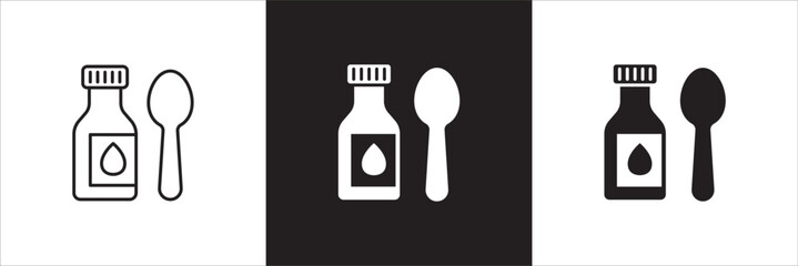 Liquid medicine bottle icon. Cough syrup icon. Icon symbol for syrup medication, vitamin, supplement, antibiotic, prescription. Vector illustration
