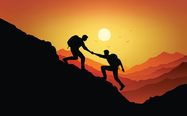 Silhouette of two hikers helping each other during sunset on a mountain slope