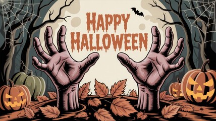 Happy Halloween Spooky Zombie Hands Emerging from Grave with Pumpkins and Autumn Leaves