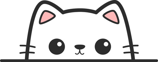 Cute cartoon white cat peeking over line illustration, Kawaii cat sticker hand drawn cartoon